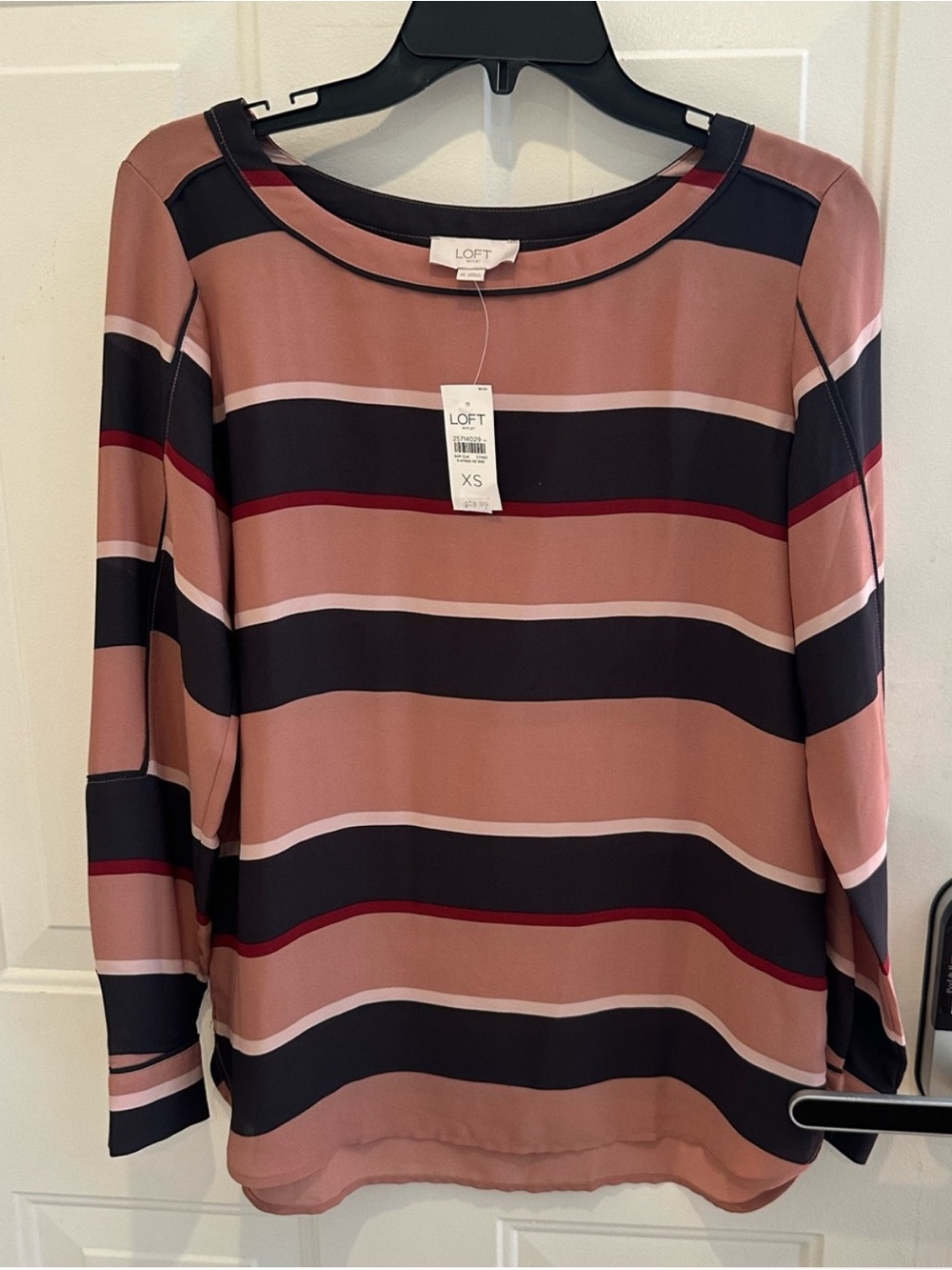 LOFT Striped Long-Sleeve Blouse in Rose and Black with Wine Accent
